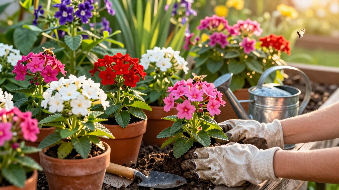 Flores coloridas em vasos sendo plantadas em canteiro por pessoa com luvas, ao ar livre.