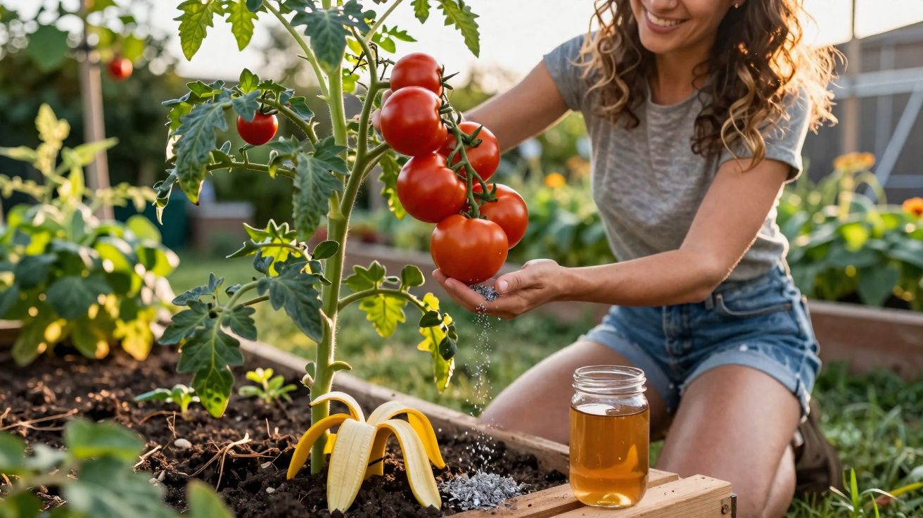 Mulher regando tomates em muda com fertilizante natural feito com casca de banana no jardim.
