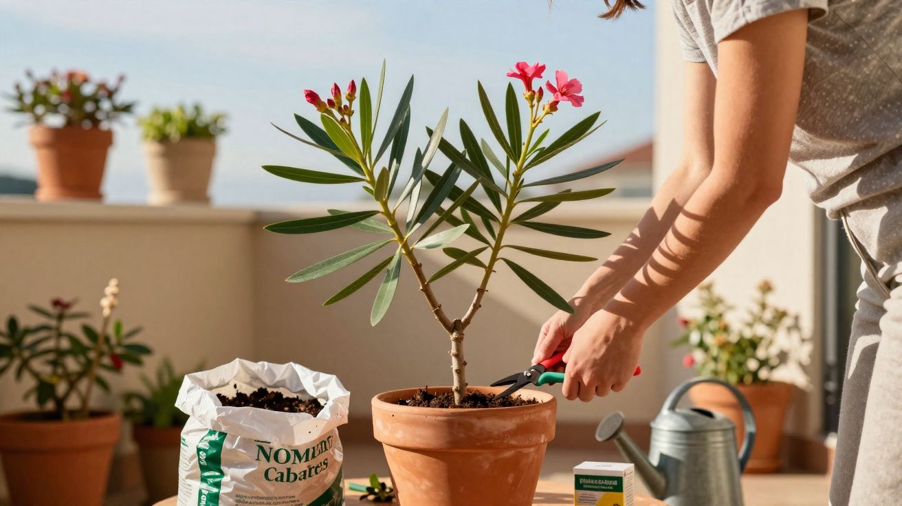 Pessoa cuidando de planta em vaso de barro, com tesoura, terra, regador e plantas ao fundo.