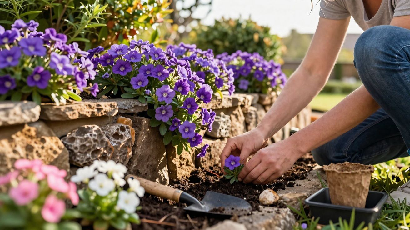 Pessoa plantando flores roxas em jardim com outras flores ao redor e ferramentas de jardinagem.