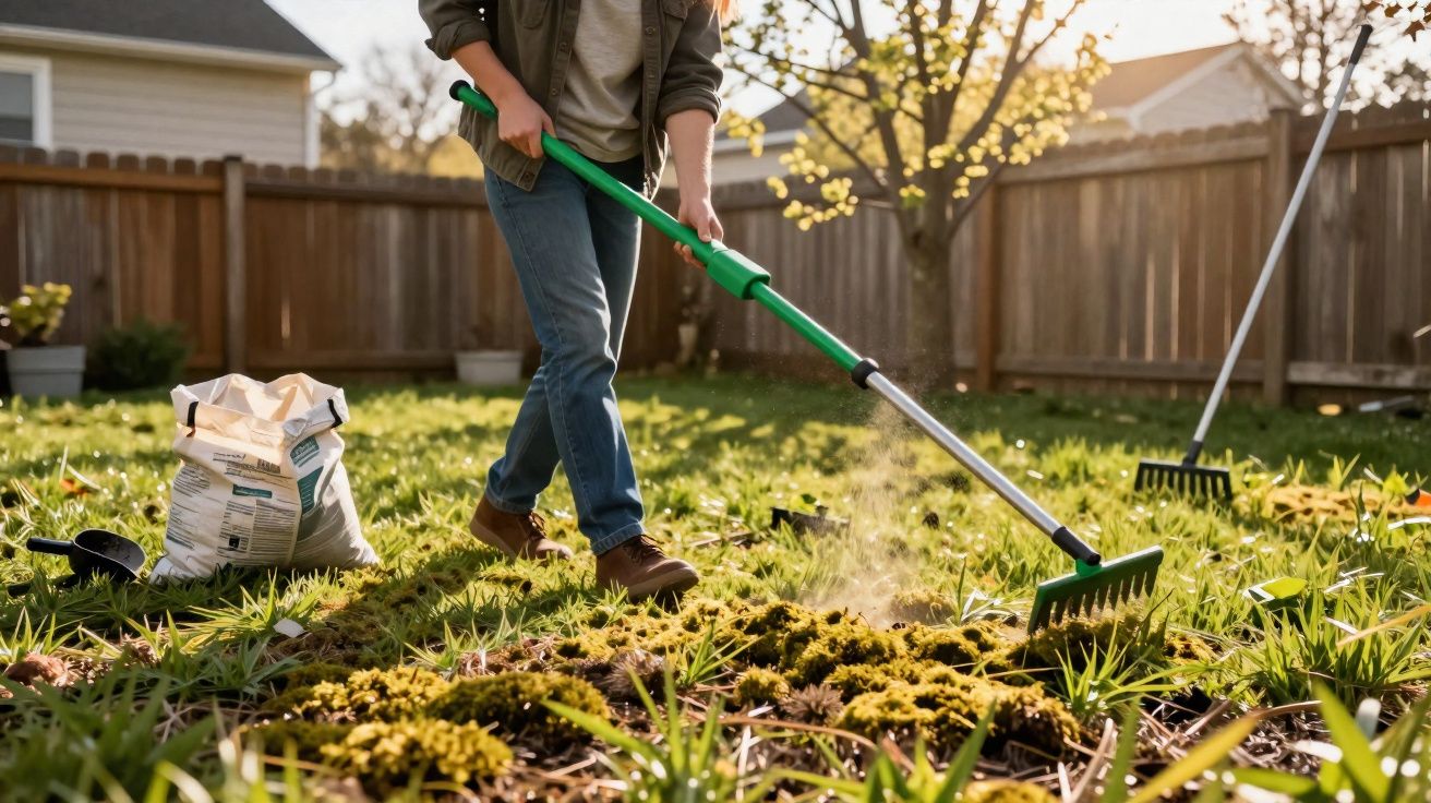 Pessoa usando ancinho para limpar terreno com vegetação em jardim ensolarado cercado por cercas de madeira.