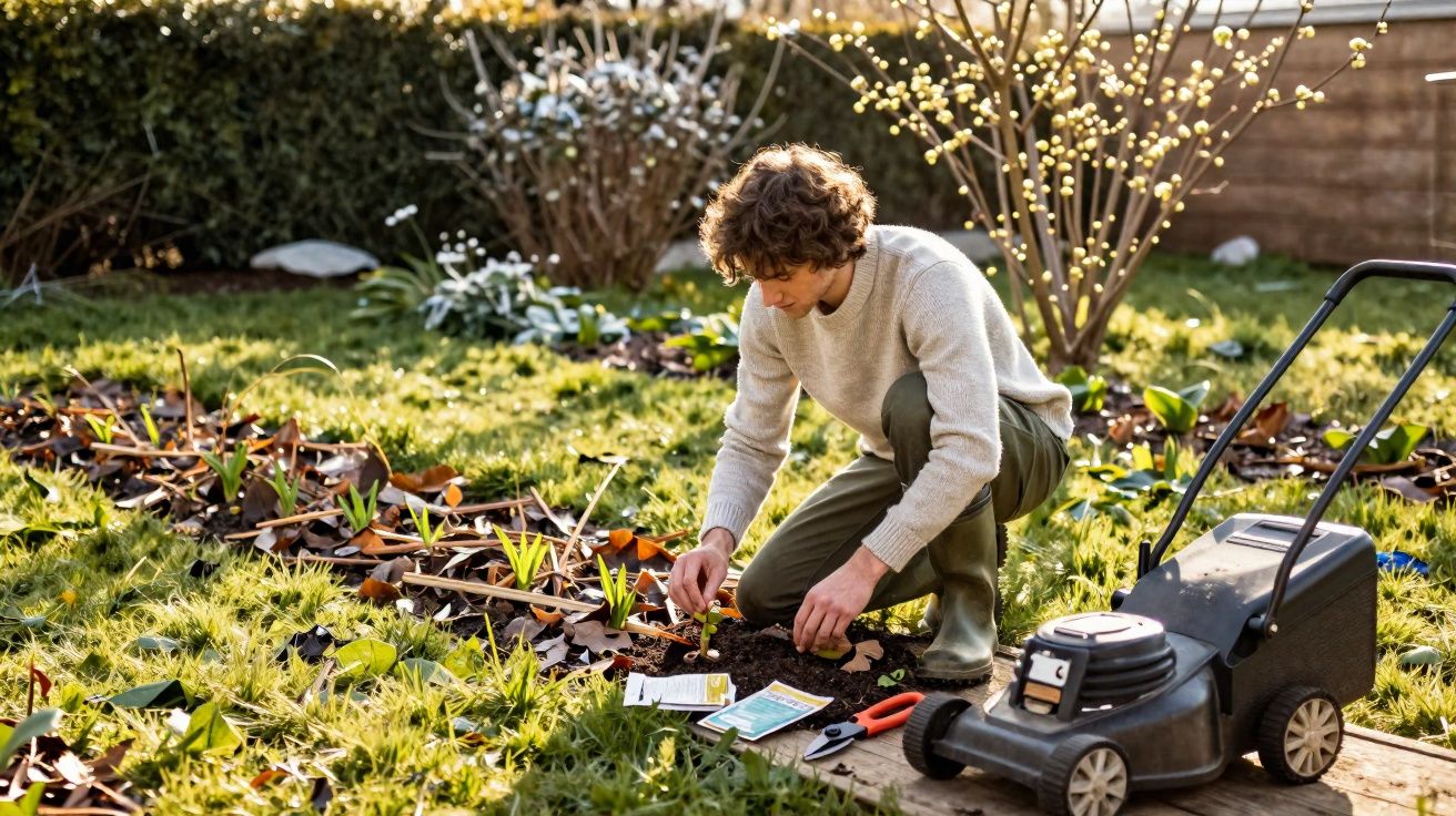 Homem agachado plantando sementes em canteiro de jardim ao ar livre em dia ensolarado.