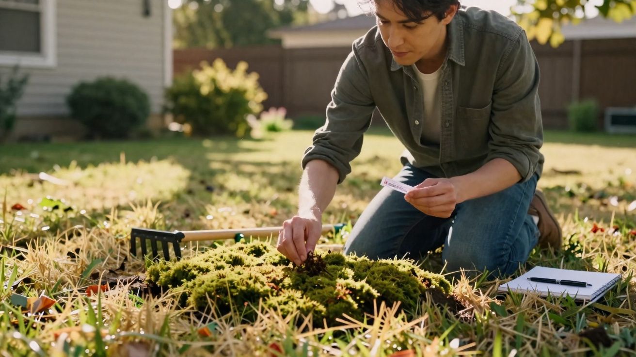 Jovem ajoelhado cuidando de plantas e anotando dados em caderno no jardim ensolarado de uma casa.