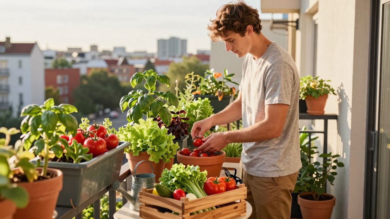 Jovem colhendo tomates em vasos em varanda ensolarada com várias plantas e hortaliças.