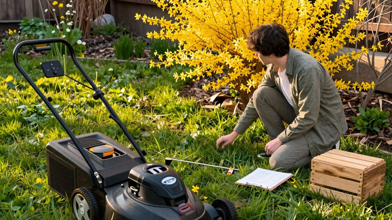 Pessoa agachada no jardim medindo plantas perto de cortador de grama e arbusto amarelo florescendo.