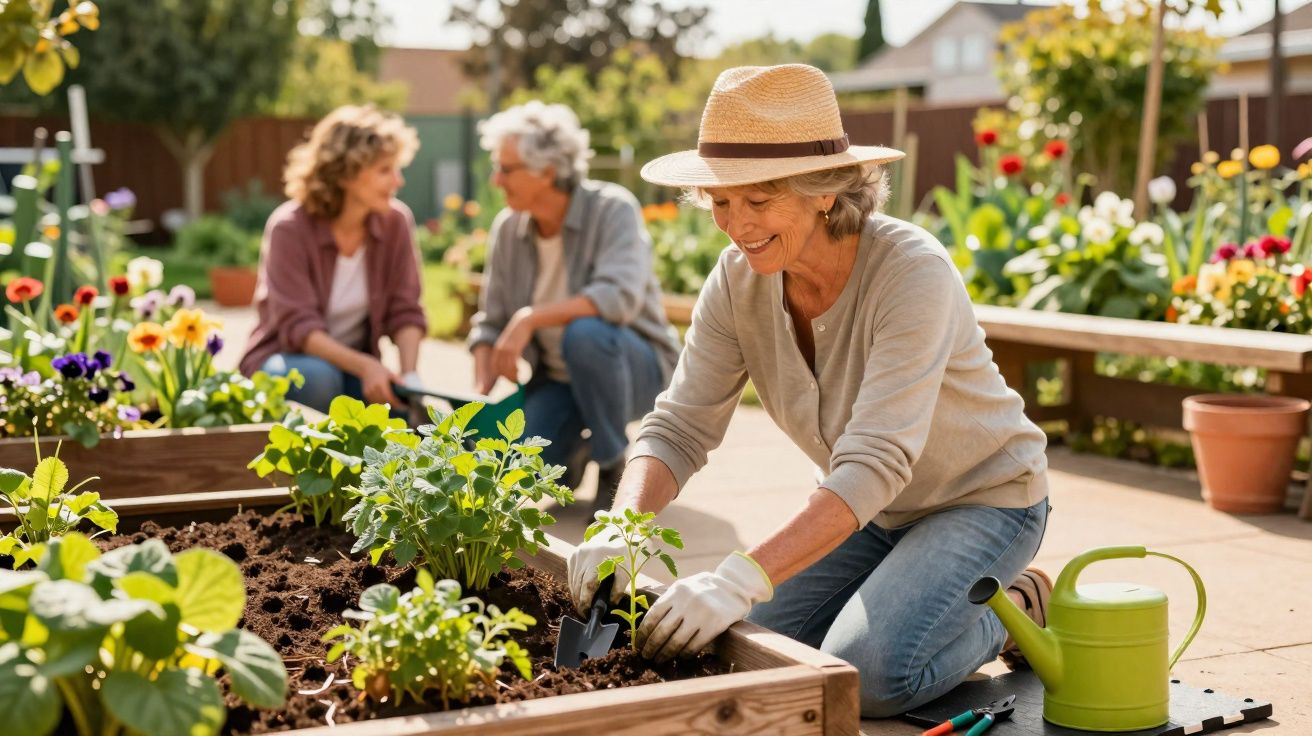 Mulher idosa com chapéu plantando em canteiro elevado enquanto outras duas conversam ao fundo no jardim.