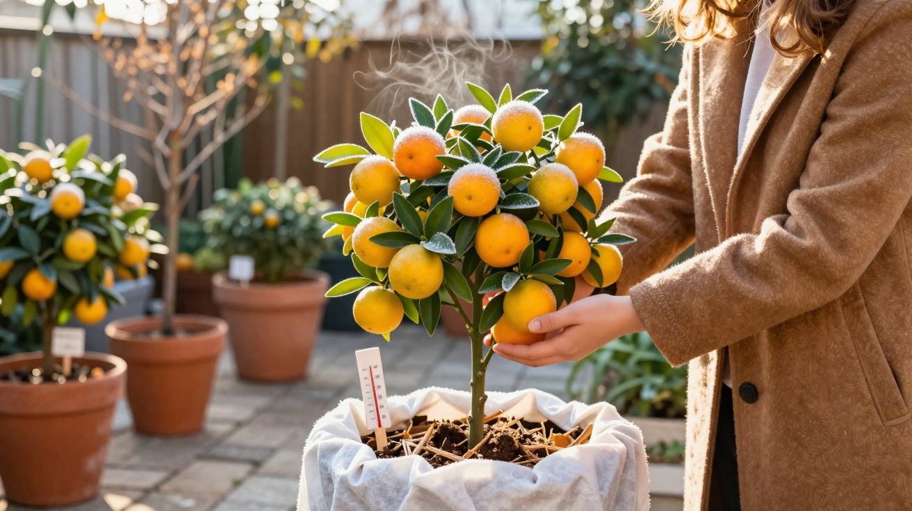 Pessoa segurando uma mini árvore de laranja em vaso ao ar livre em um dia frio, com termômetro de solo.