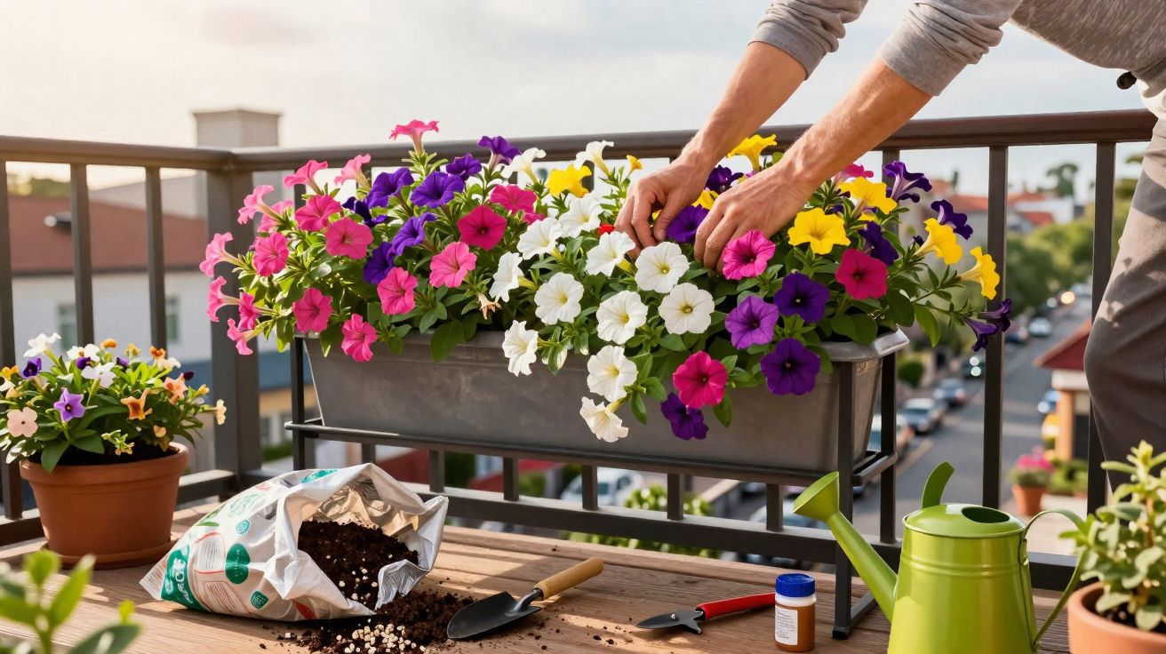 Pessoa cuidando de flores coloridas plantadas em vaso na sacada, com ferramentas de jardinagem à mesa.