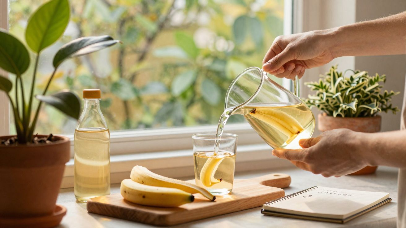 Pessoa servindo chá de banana em copo com fatia de banana, ao lado de duas bananas, uma garrafa e plantas.