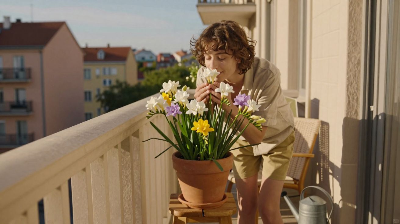 Pessoa cheirando flores coloridas em vaso de cerâmica em sacada ensolarada de apartamento.