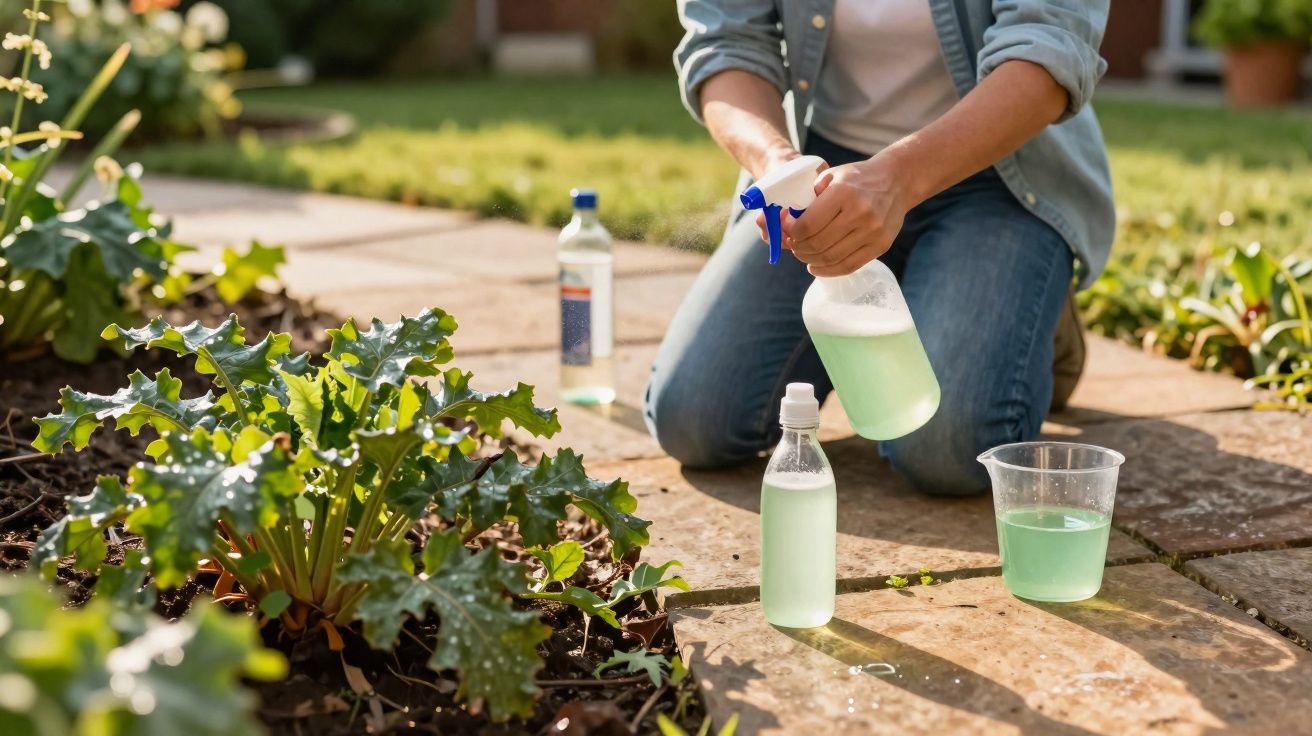 Pessoa usando borrifador com solução verde para cuidar de plantas em jardim ensolarado.