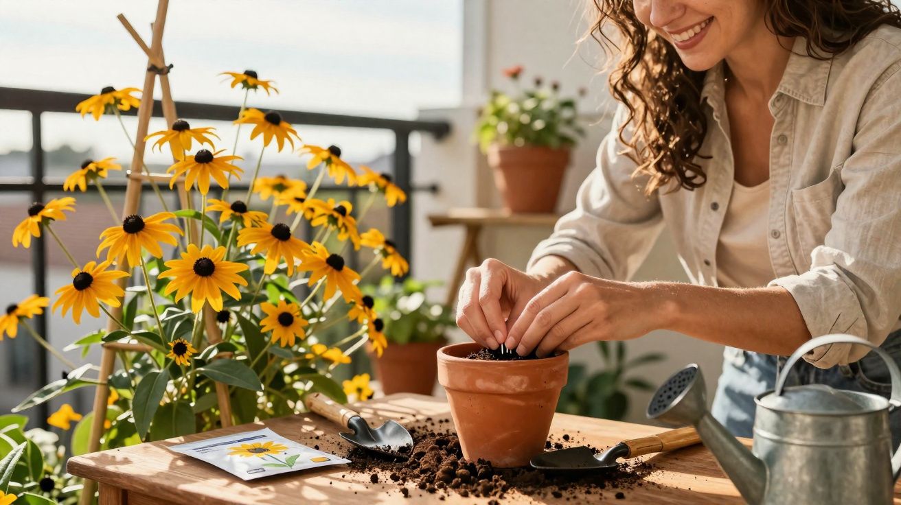 Mulher sorridente plantando sementes em vaso de barro em mesa com flores amarelas ao fundo.
