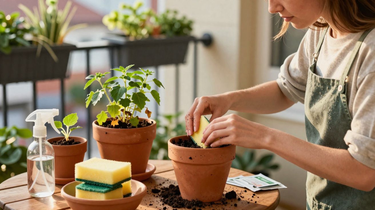 Pessoa plantando muda em vaso de barro em mesa com regador, esponjas e mais vasos no ambiente iluminado.