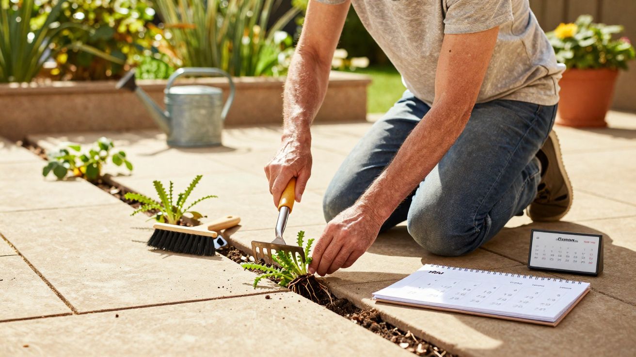 Pessoa limpa plantas daninhas entre pedras do jardim com ferramentas, calendário ao lado, em área externa ensolarada.