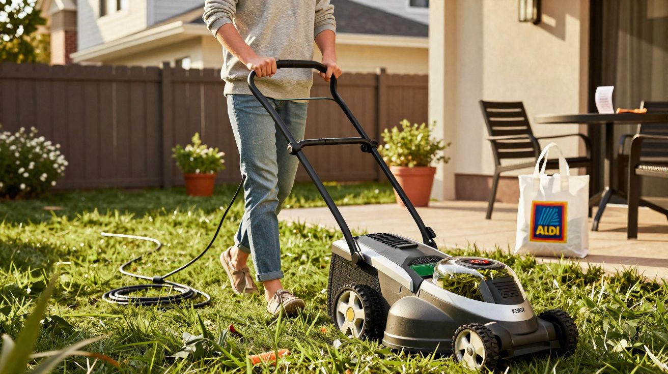 Pessoa cortando grama do jardim com cortador elétrico em área residencial ensolarada.