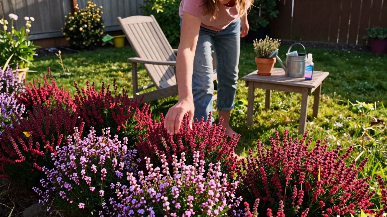 Mulher cuidando de flores roxas e vermelhas em jardim ao ar livre sob luz do sol.