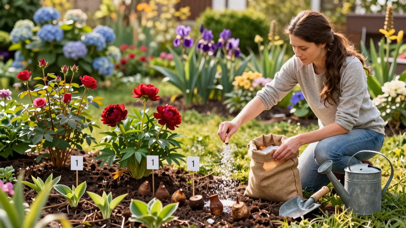 Mulher plantando flores em jardim, regador e pá ao lado, ao ar livre em dia ensolarado.