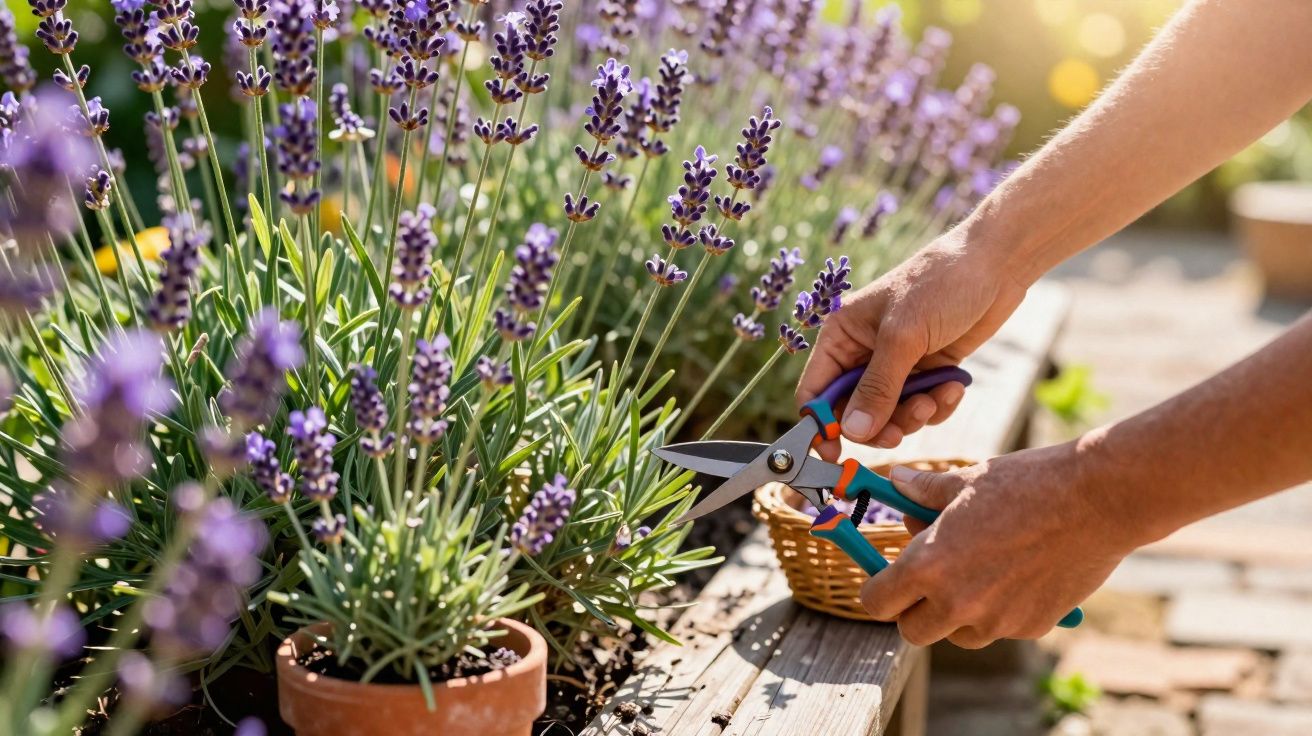 Mãos podando flores de lavanda em vasos em jardim com tesoura azul e laranja ao amanhecer.