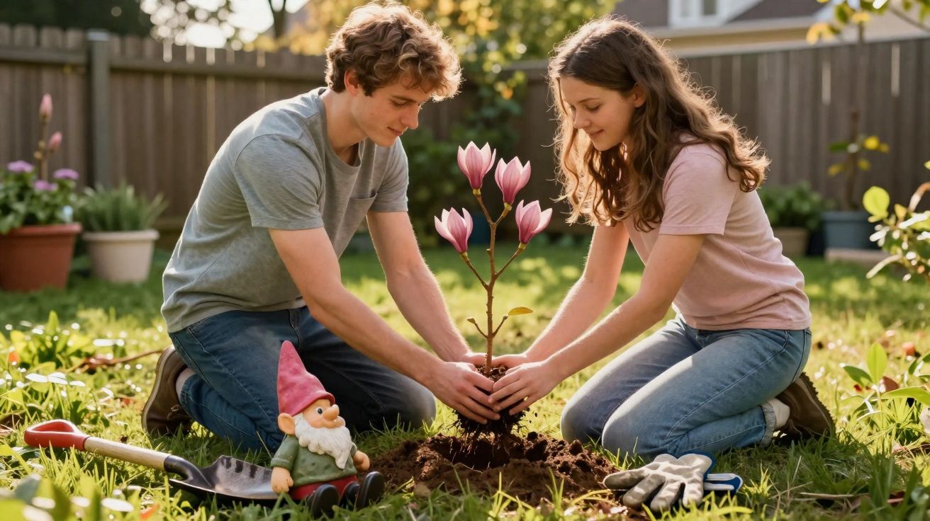 Jovem casal plantando muda de flor num jardim, com ferramentas e um gnomo decorativo ao lado.