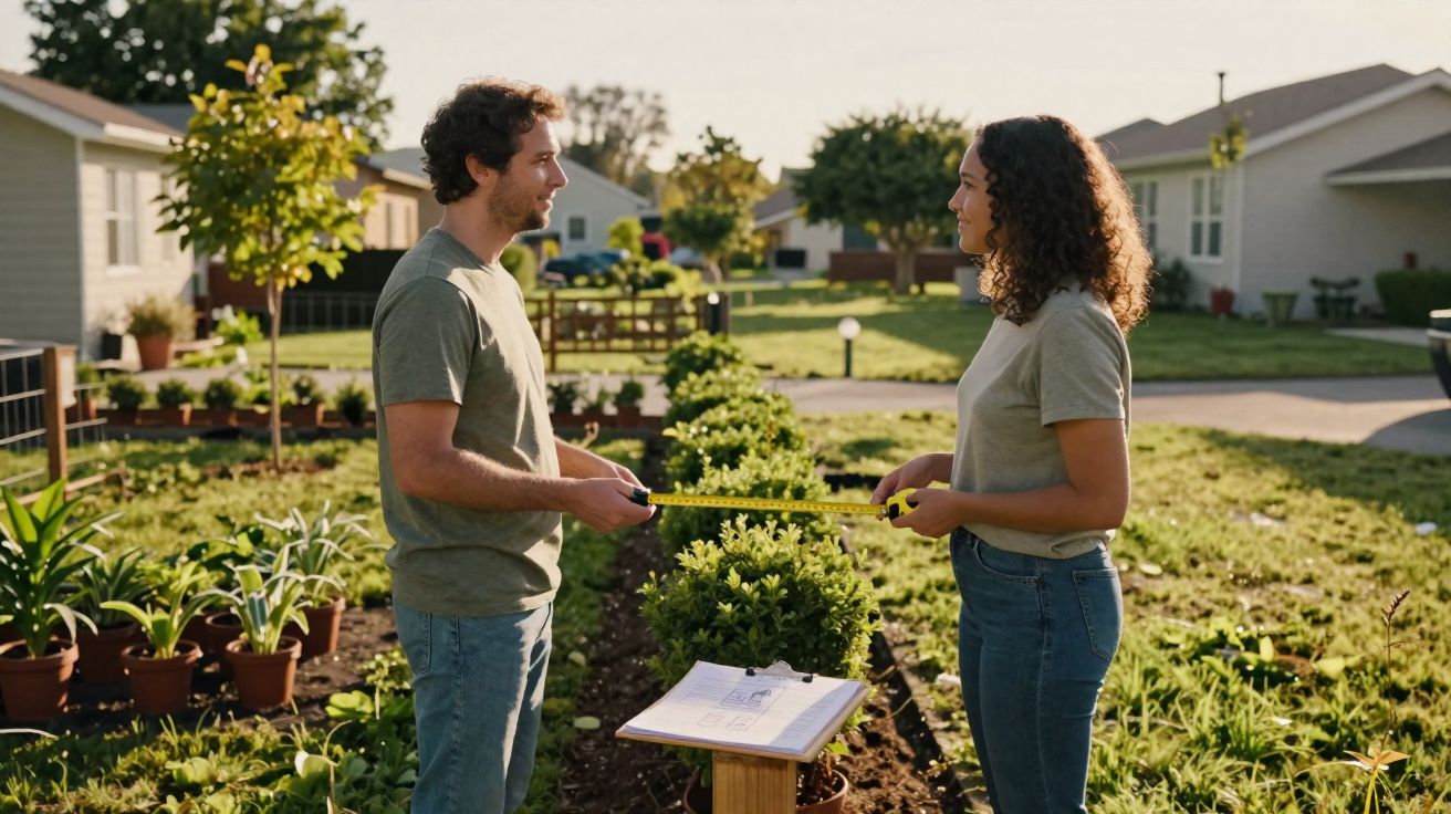 Homem e mulher medindo plantas em jardim residencial durante o dia ensolarado.