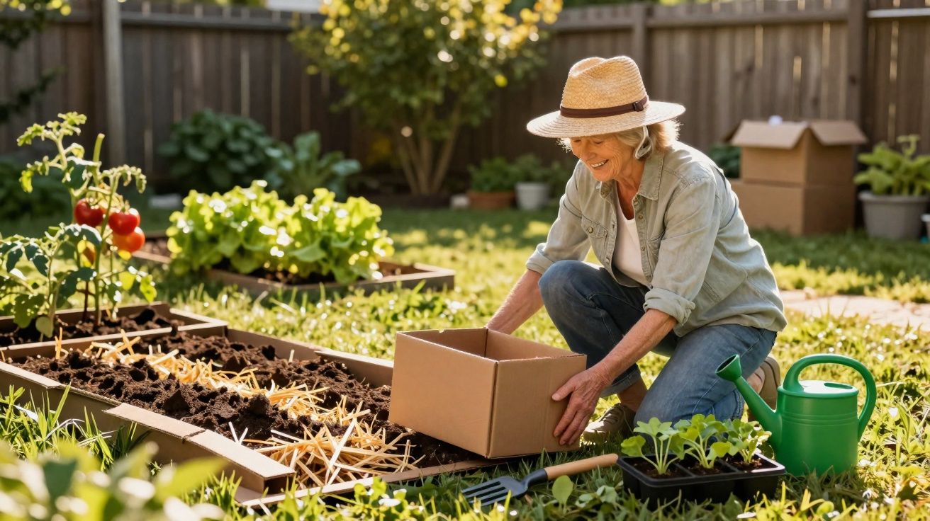 Mulher idosa sorrindo enquanto prepara canteiro de plantas na horta com caixa de papelão no jardim.