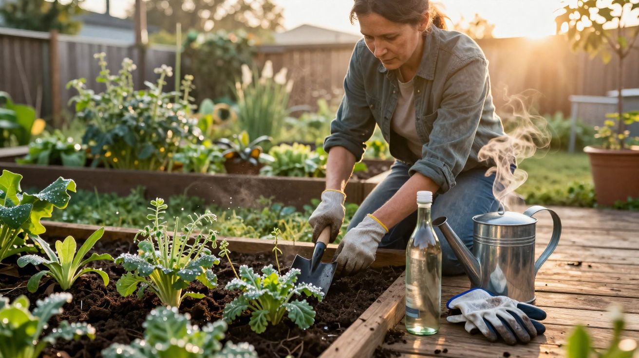 Mulher cuidando do jardim em canteiro elevado ao entardecer com regador e luvas ao lado.
