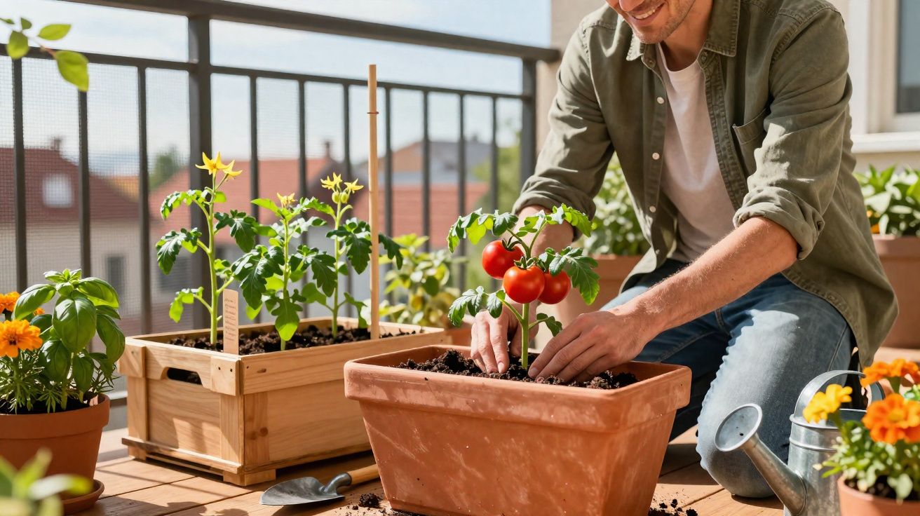 Homem cuidando de plantas de tomate em vasos no terraço ensolarado com flores ao redor.