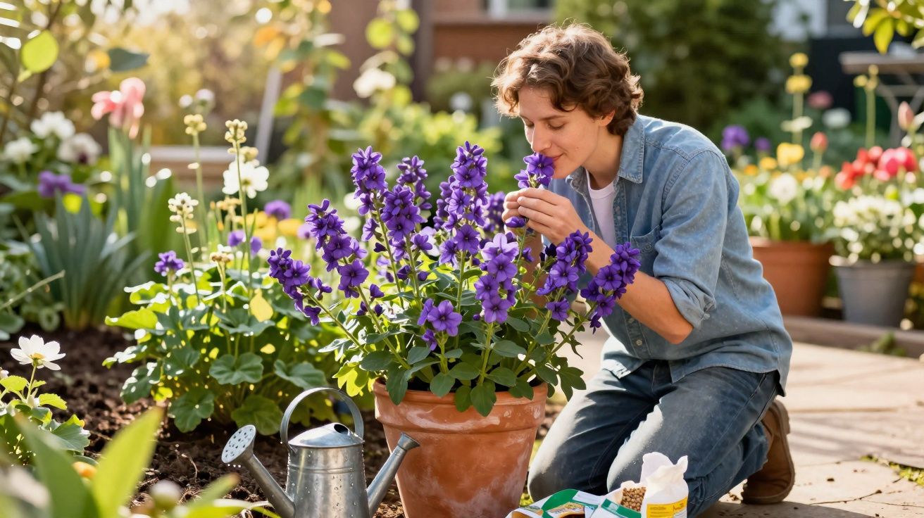 Pessoa ajoelhada cheirando flores roxas em vaso no jardim ensolarado com regador e ferramentas próximas.