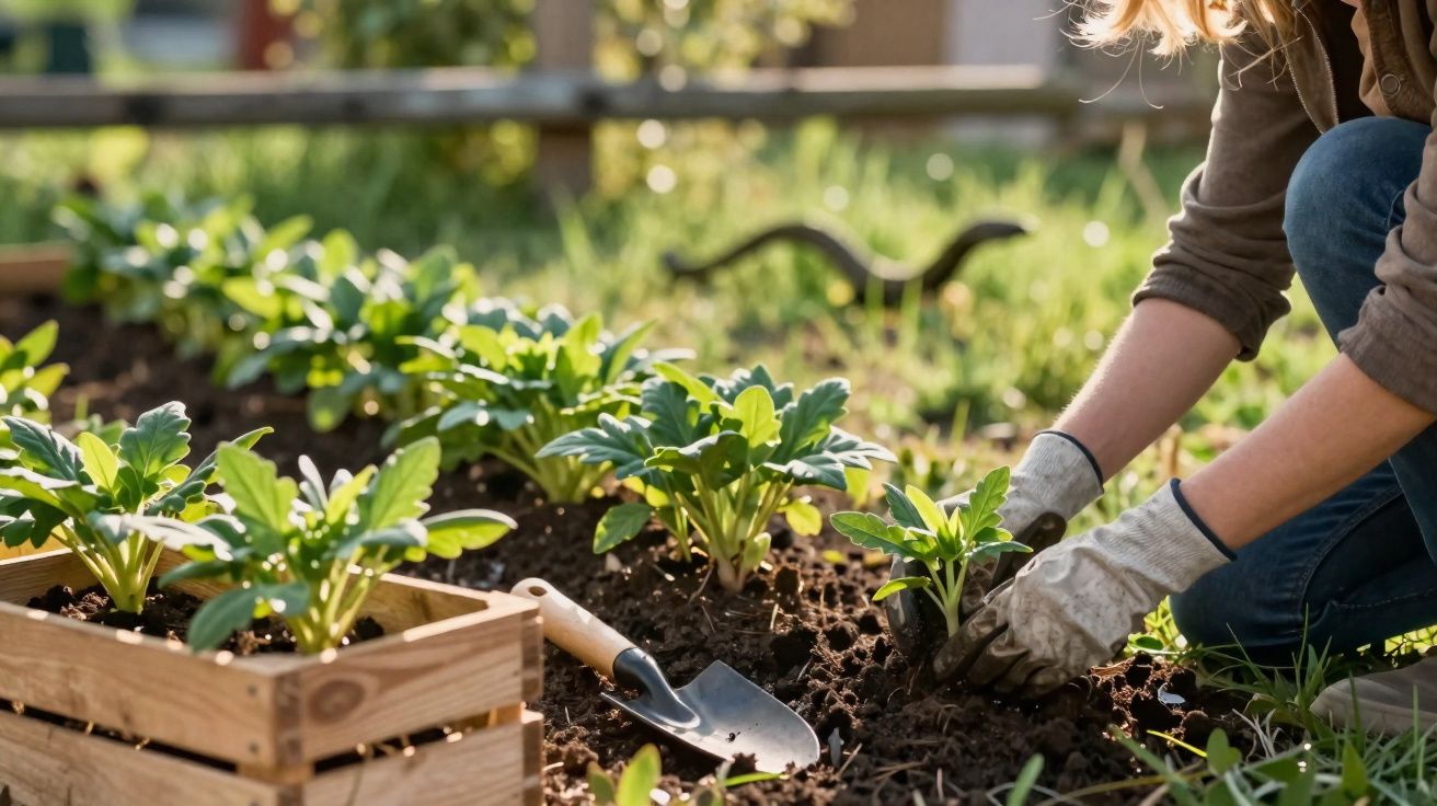 Pessoa plantando mudas em jardim com luvas, pá de jardinagem e caixa de madeira com plantas.