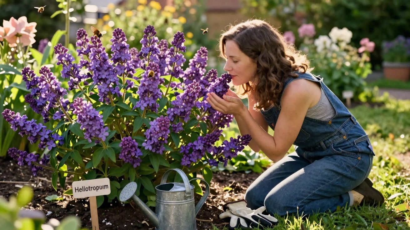 Mulher agachada cheirando flores roxas de heliotropo em jardim com regador e luvas no chão.