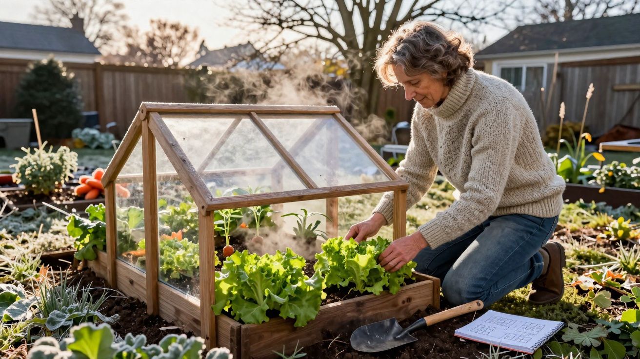 Mulher cuidando de alface em pequena estufa de madeira no jardim ensolarado da casa.