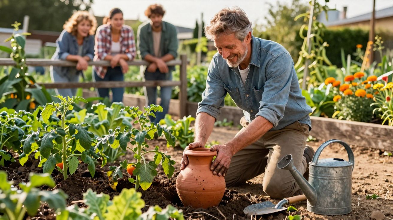 Homem planta vaso de barro no jardim enquanto três pessoas observam ao fundo sorrindo.