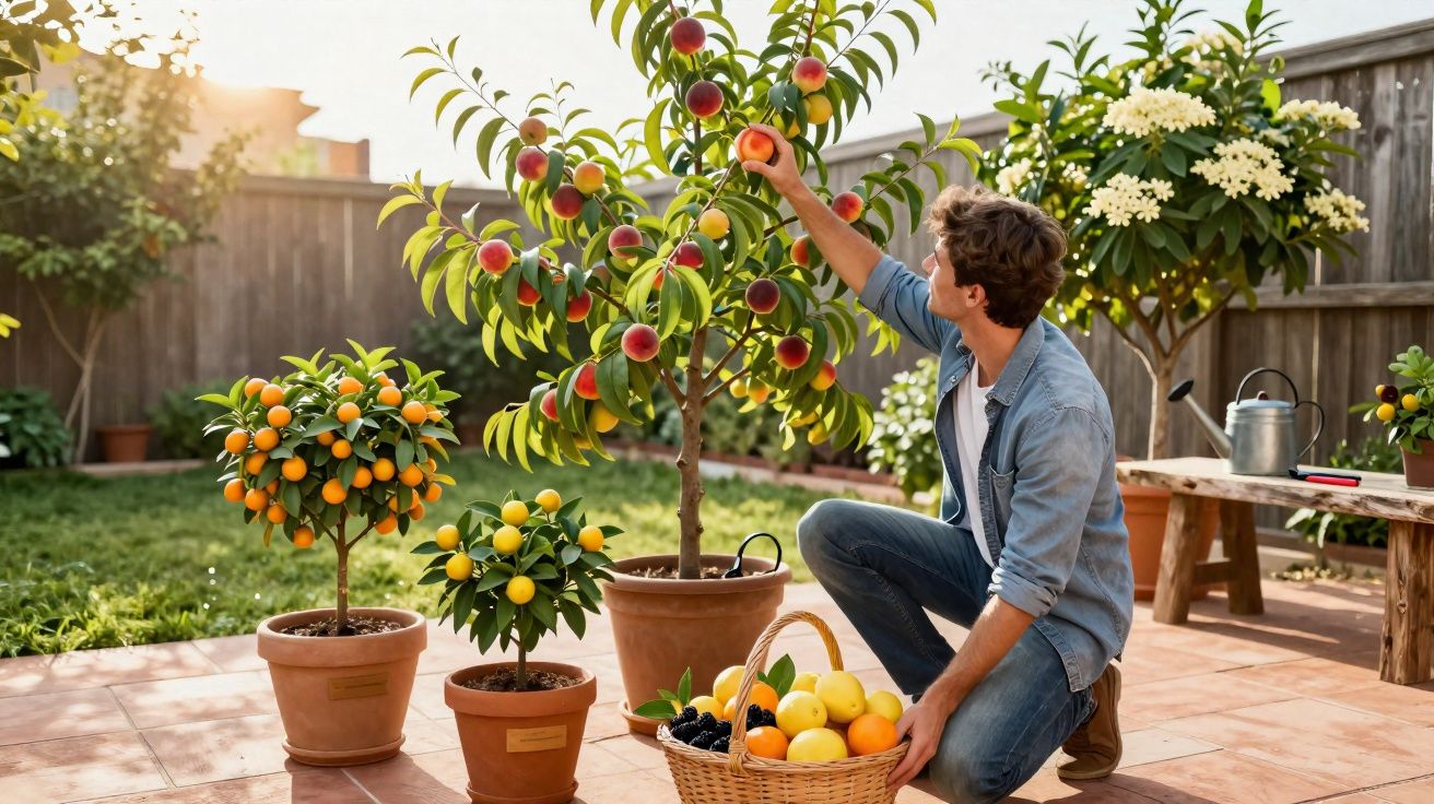 Homem colhendo pêssegos em vaso, cercado por árvores frutíferas em um jardim ensolarado.