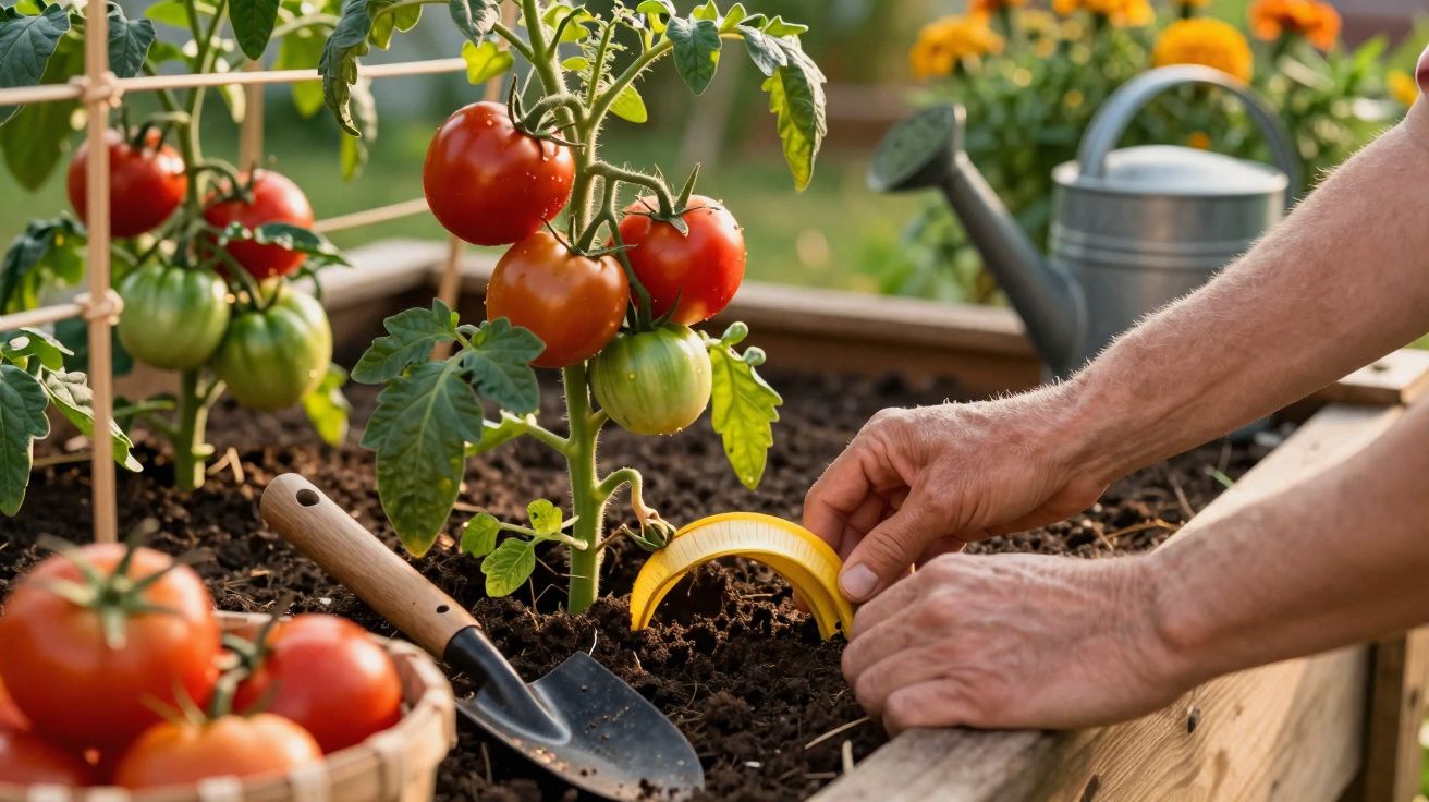 Mãos colocando um medidor de pH no solo próximo a pés de tomate cultivados em canteiro elevado no jardim.
