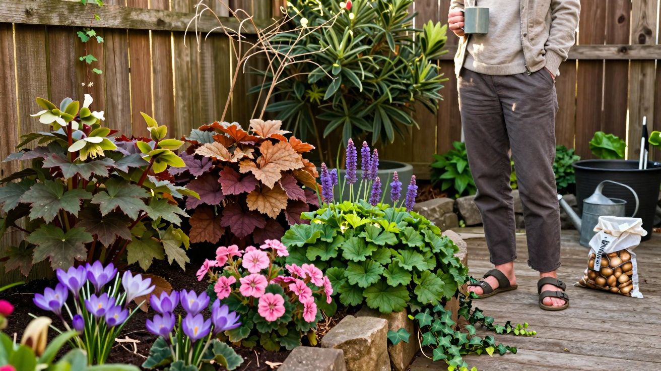 Homem em varanda com plantas floridas em vasos e sacos de bulbos ao lado de regador.