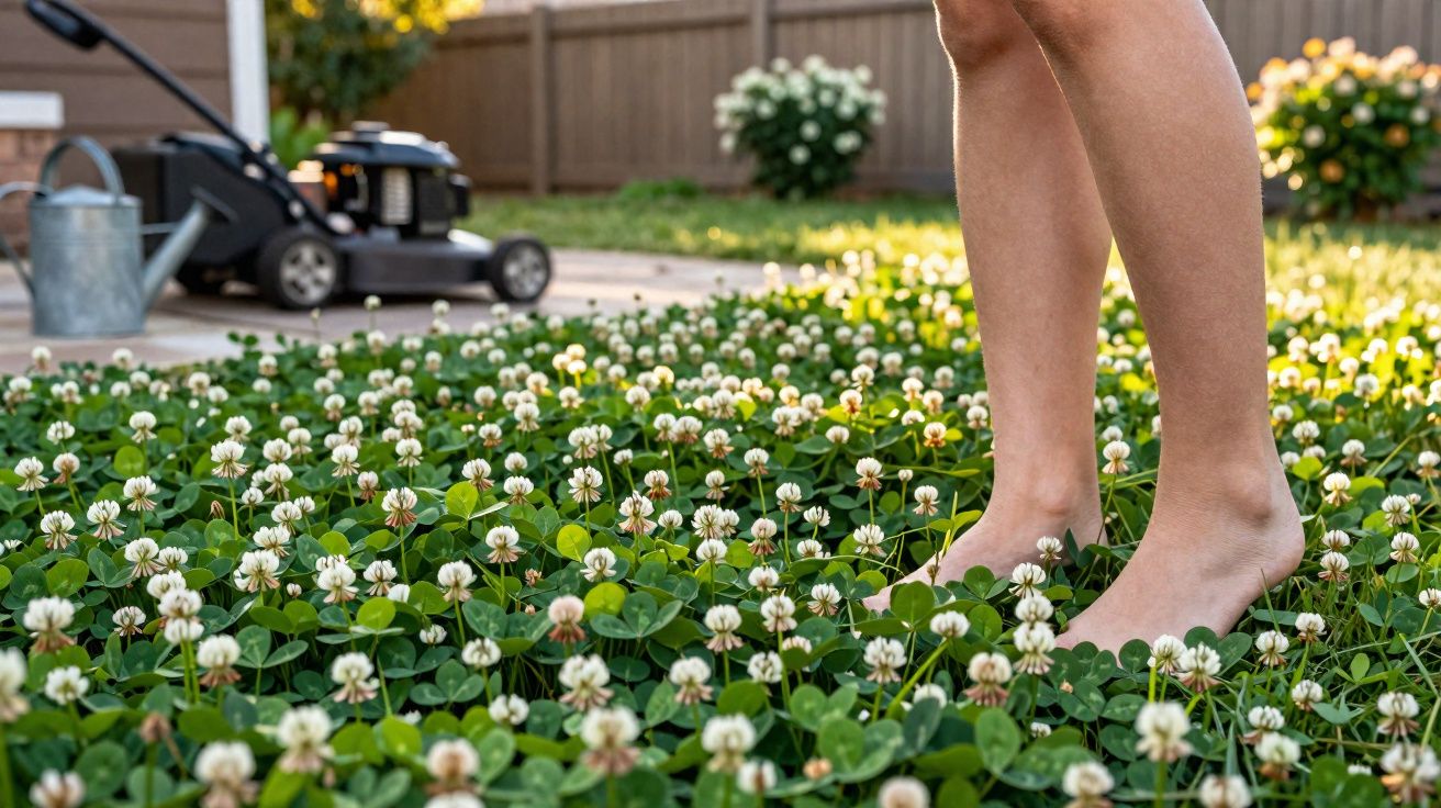 Pernas descalças sobre grama com flores brancas ao fundo cortador de grama e regador.