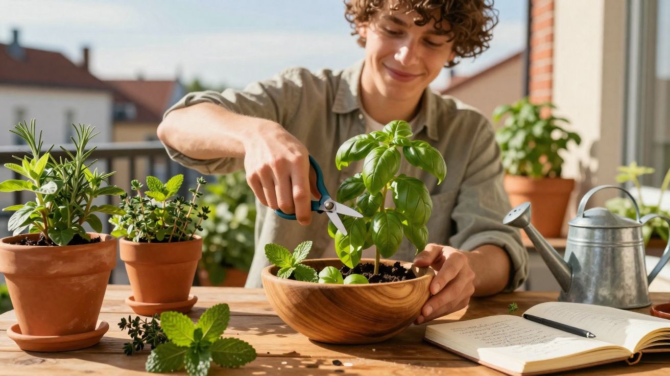 Jovem sorrindo enquanto poda planta de manjericão em tigela de madeira em varanda ensolarada.