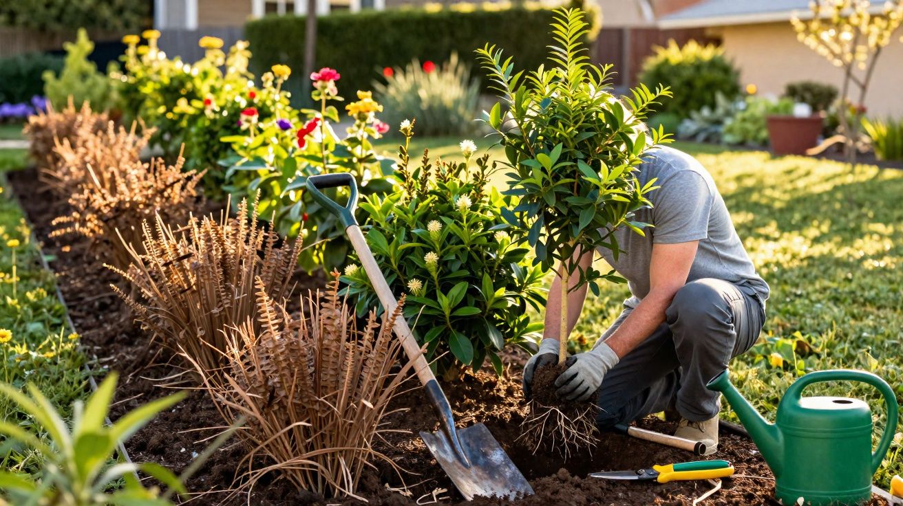 Pessoa plantando árvore em jardim ensolarado com ferramentas de jardinagem ao redor.