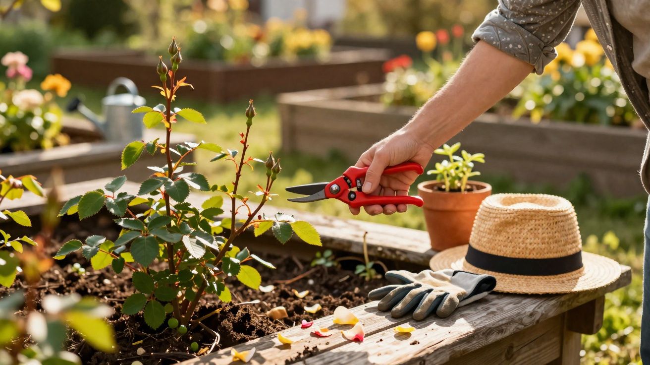 Pessoa podando roseira com tesoura de jardinagem em canteiro elevado ao ar livre.