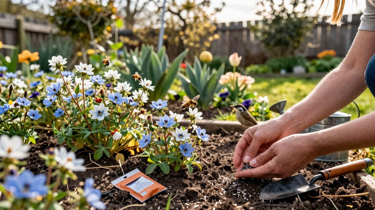 Pessoa plantando sementes em canteiro com flores brancas e azuis em jardim ensolarado.