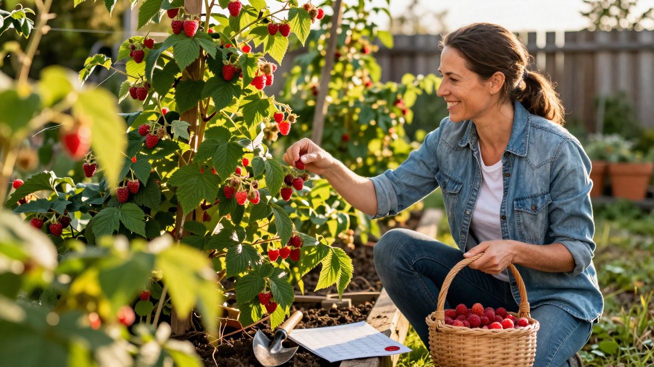 Mulher colhendo framboesas maduras em uma cesta em jardim ensolarado.