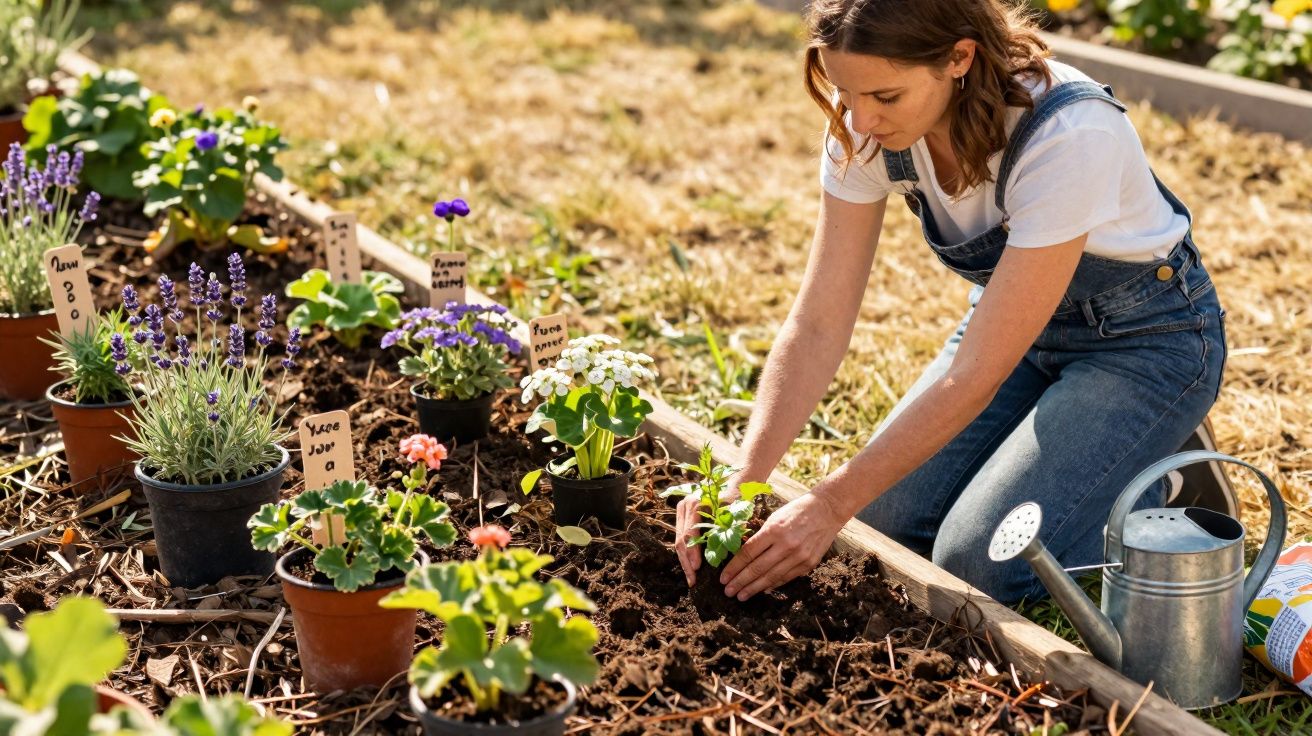 Mulher plantando flores em canteiro de jardim com regador e vasos ao redor em dia ensolarado.
