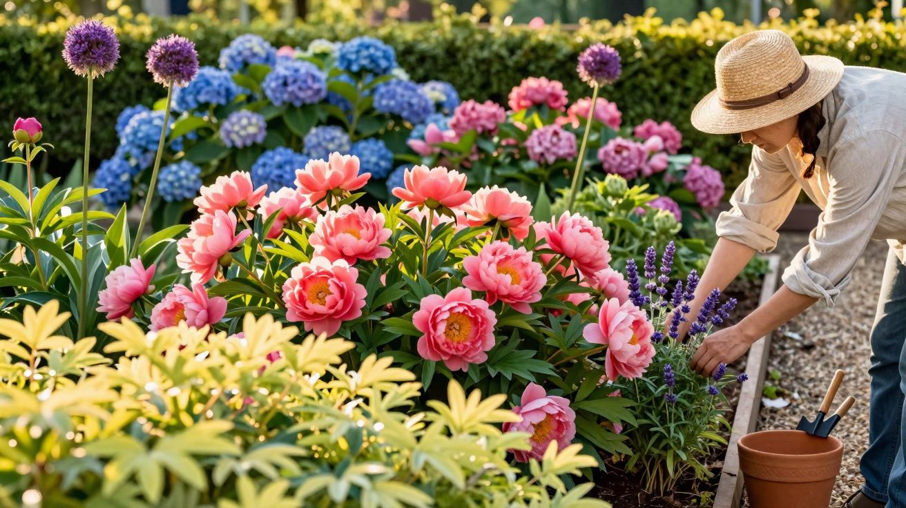 Mulher com chapéu cuidando de flores coloridas em canteiro de jardim ensolarado.