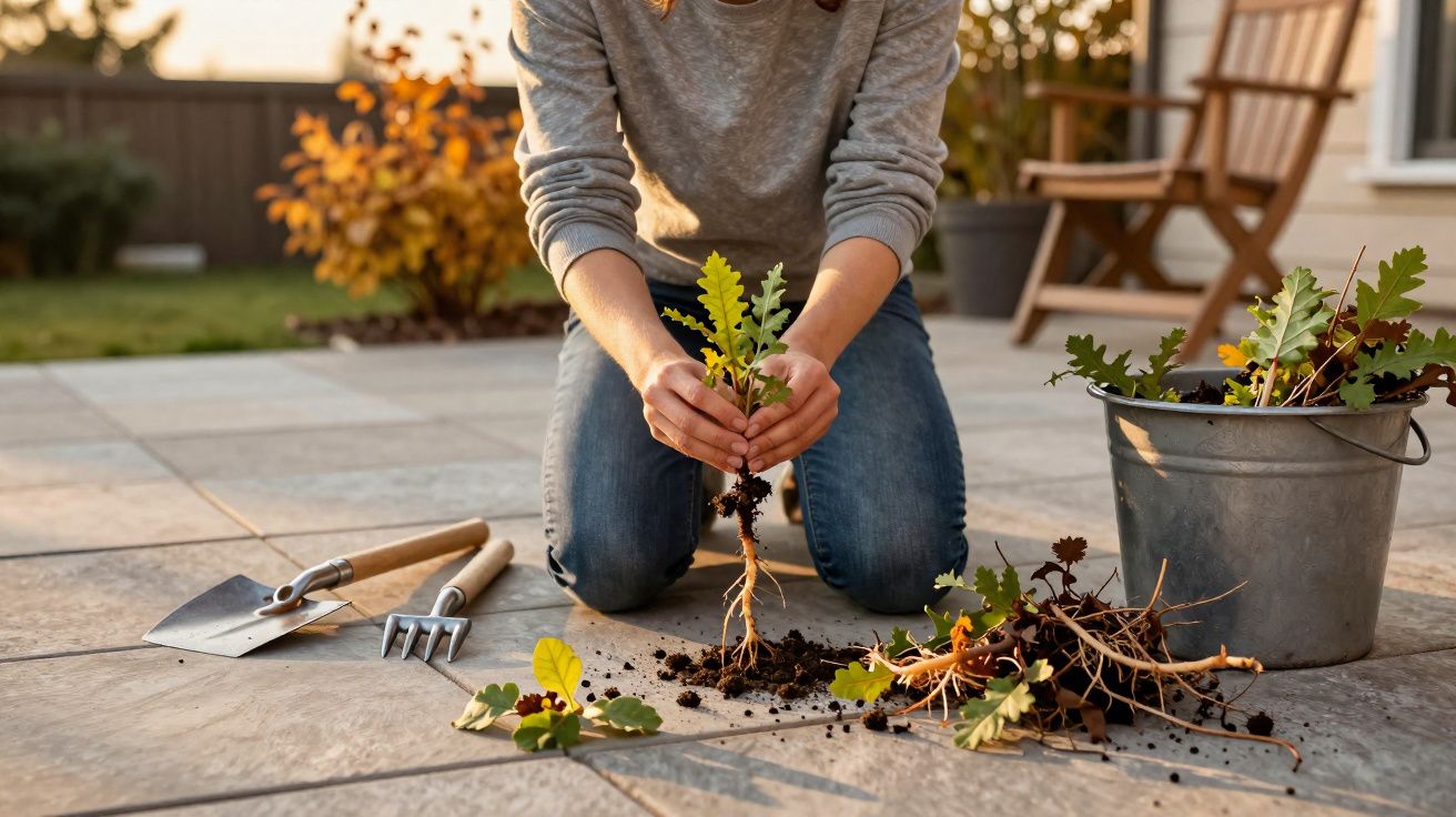 Pessoa ajoelhada plantando muda de árvore em jardim com ferramentas de jardinagem ao lado.