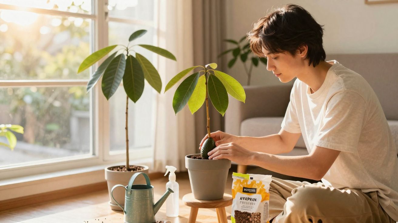 Pessoa cuidando de planta em vaso dentro de casa, com regador e adubo ao lado, perto de janela ensolarada.