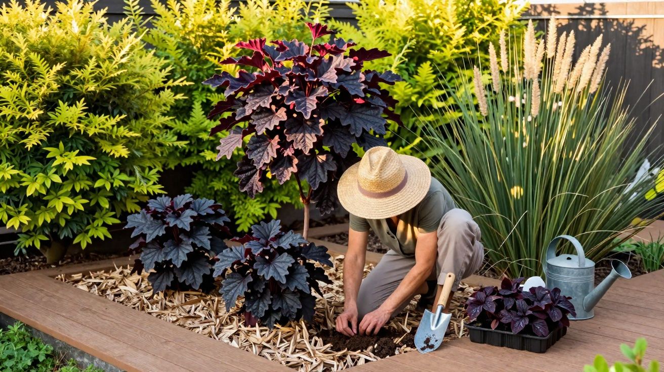 Pessoa de chapéu cuidando de plantas em canteiro com regador e pá de jardinagem ao lado.