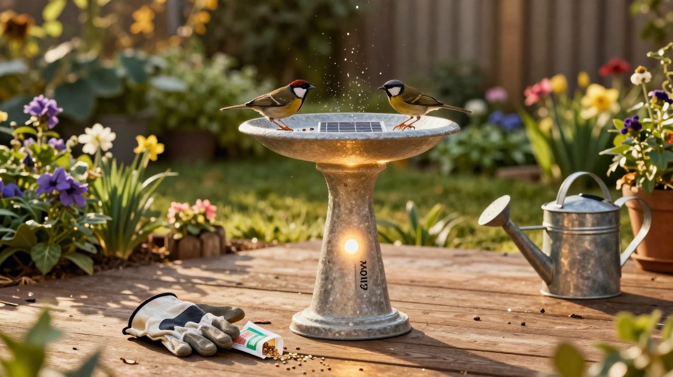 Dois pássaros bebendo em bebedouro de jardim de metal com luvas, regador e flores ao redor em dia ensolarado.