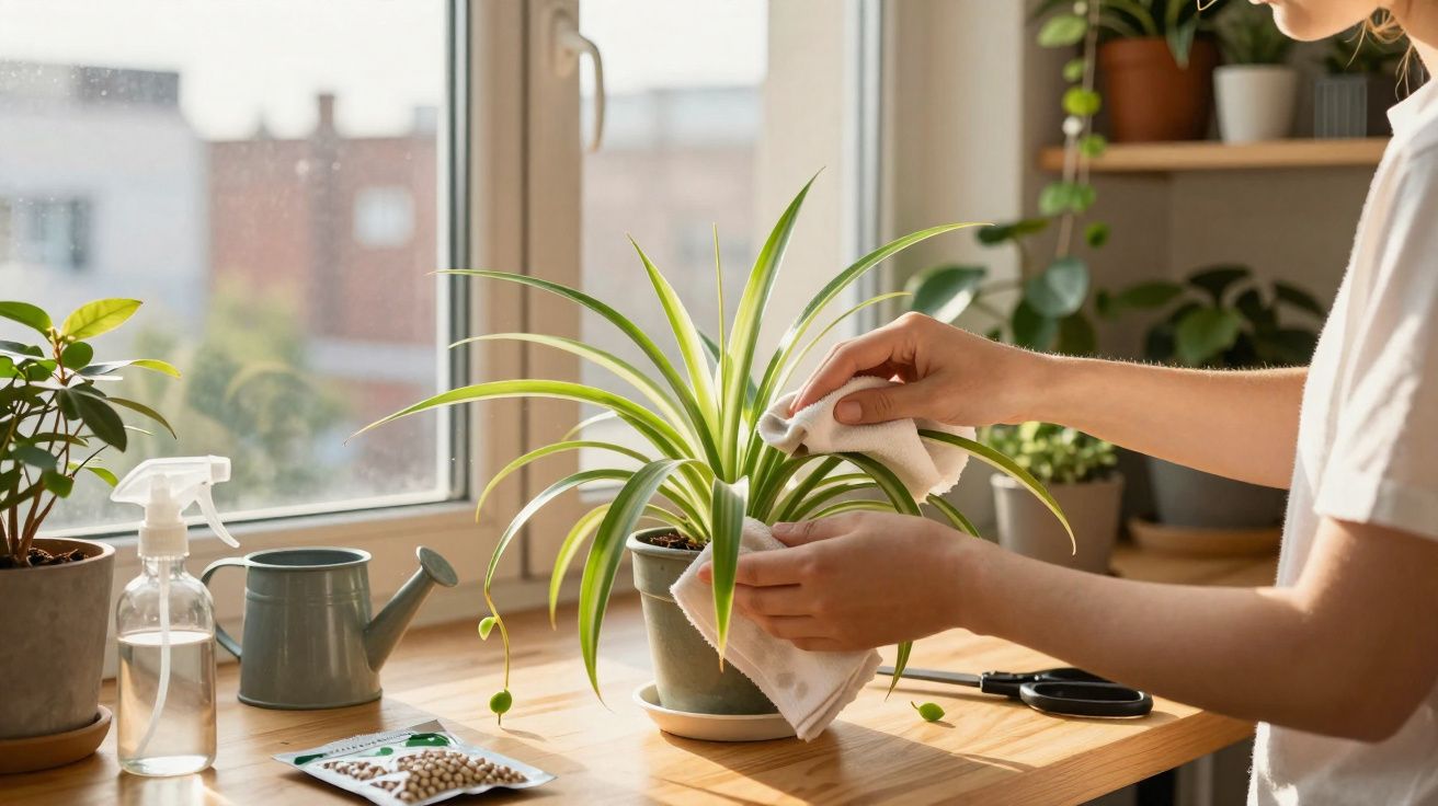 Pessoa limpando as folhas de uma planta em vaso sobre mesa próxima a janela com luz natural.