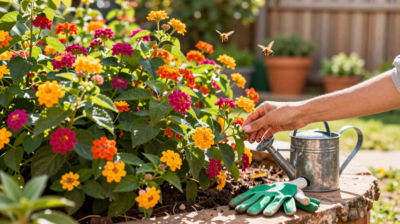 Mãos cuidando de flores coloridas em jardim, regador e luvas de jardinagem ao lado, abelhas voando.