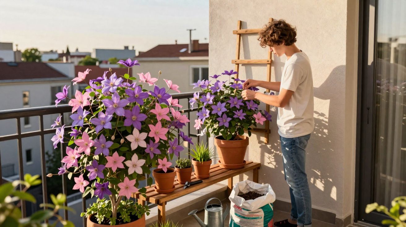 Jovem cuidando de flores lilases e rosas em vasos no varal de apartamento ao entardecer.